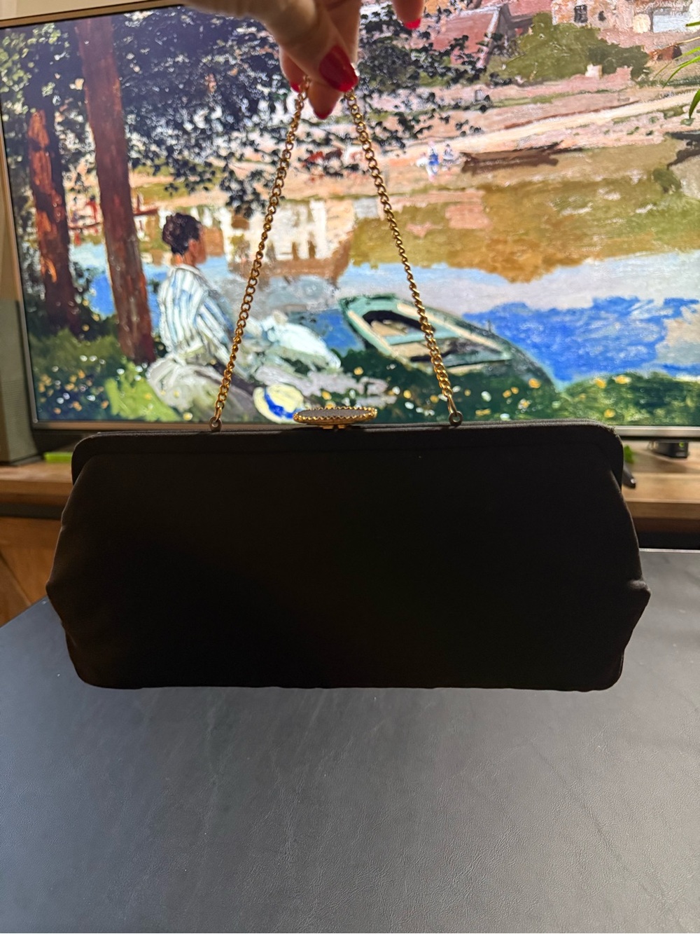 Vintage 1950s Black Fabric Evening Clutch w/ Gold Chain & Jeweled Clasp